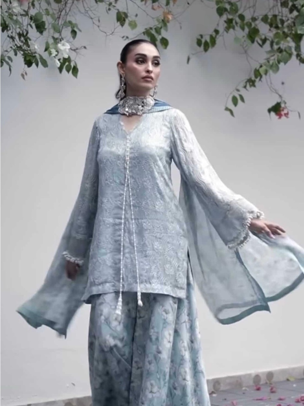 Light Blue Embroidered three Piece Set with Sheer Bell Sleeves